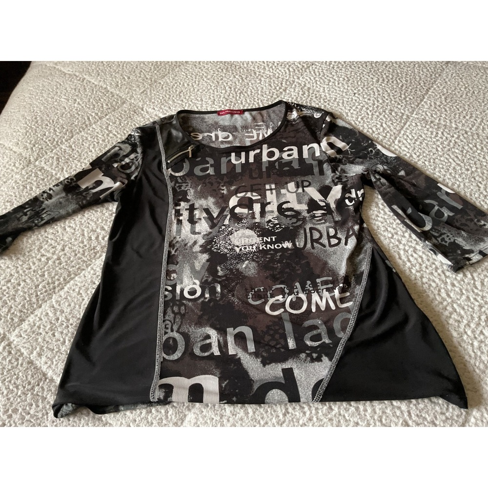 San Francisco Graphic Print Top Womens L Black Excellent 3/4 Zippered Sleeve